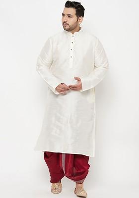 Cream Solid Poly Blend Kurta Set For Men