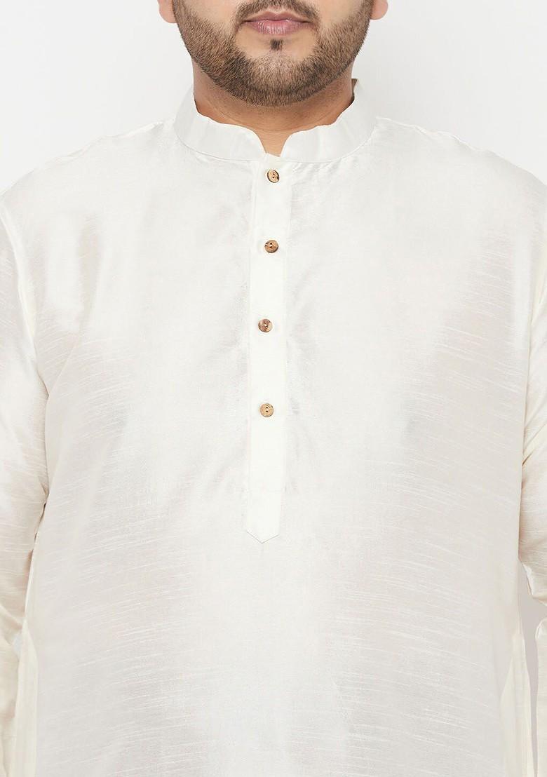 Cream Solid Poly Blend Kurta Set For Men