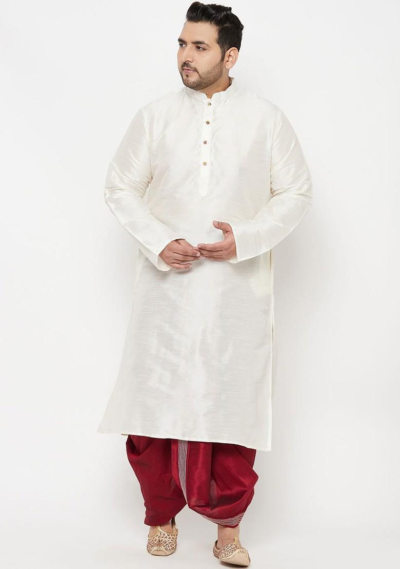 Cream Solid Poly Blend Kurta Set For Men