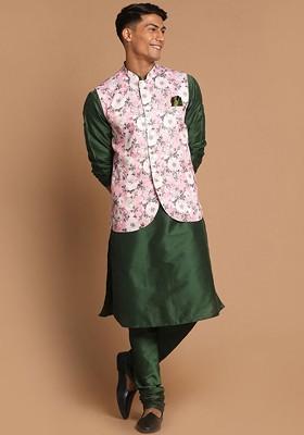 Green Solid Poly Blend Kurta Set For Men