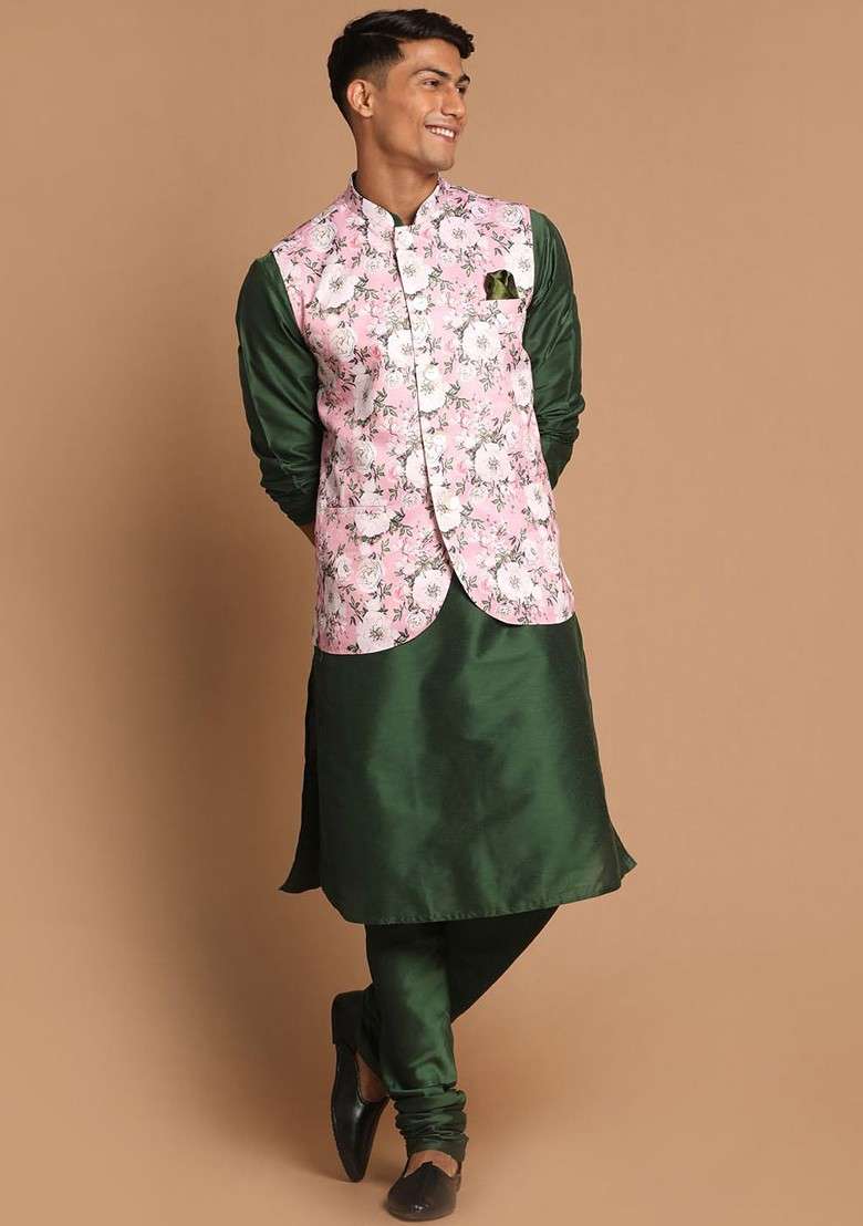 Green Solid Poly Blend Kurta Set For Men - Indya