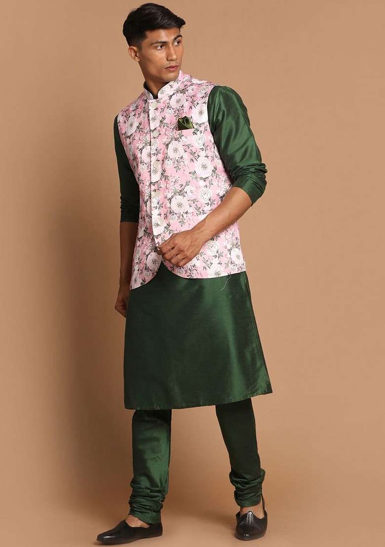 Green Solid Poly Blend Kurta Set For Men - Indya