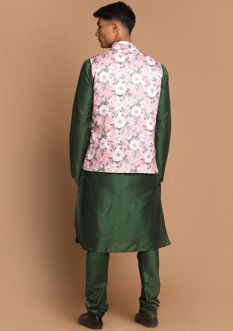Green Solid Poly Blend Kurta Set For Men