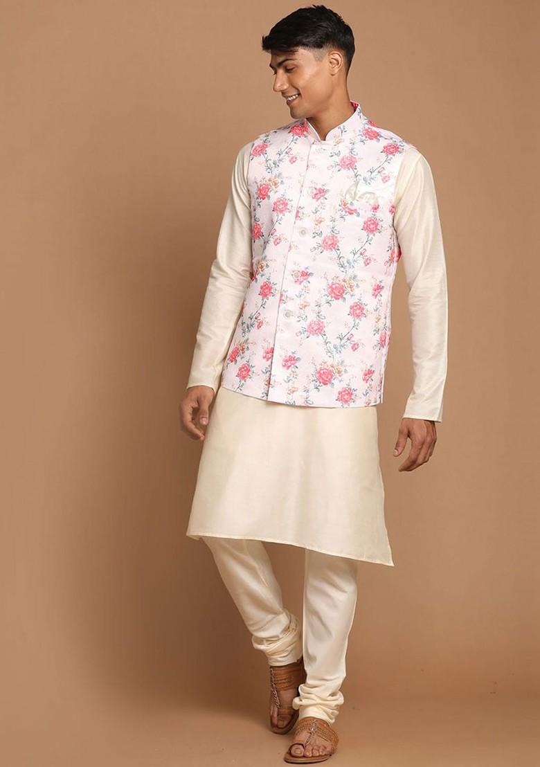 Cream Floral Print Poly Blend Kurta Set For Men