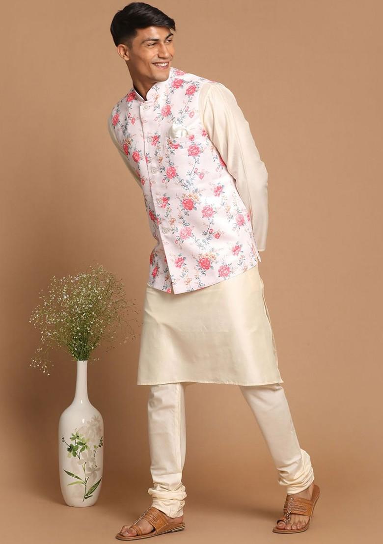 Cream Floral Print Poly Blend Kurta Set For Men