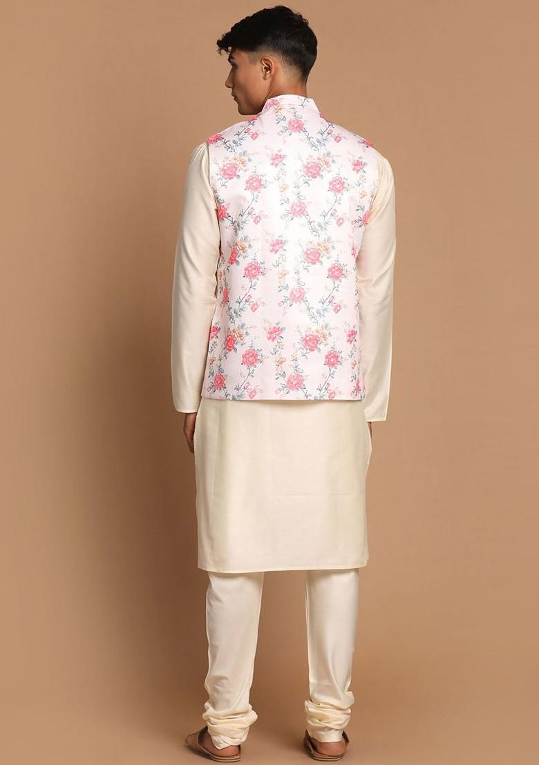 Cream Floral Print Poly Blend Kurta Set For Men