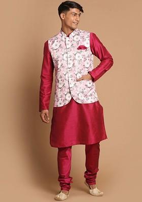 Fuchsia Pink Solid Poly Blend Kurta Set For Men