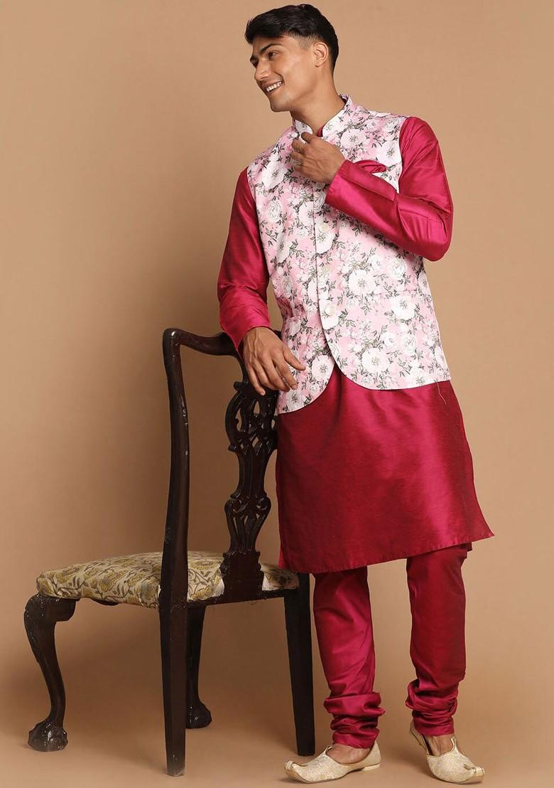 Fuchsia Pink Solid Poly Blend Kurta Set For Men