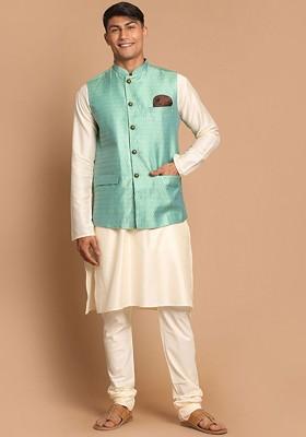 Cream Solid Poly Blend Kurta Set For Men