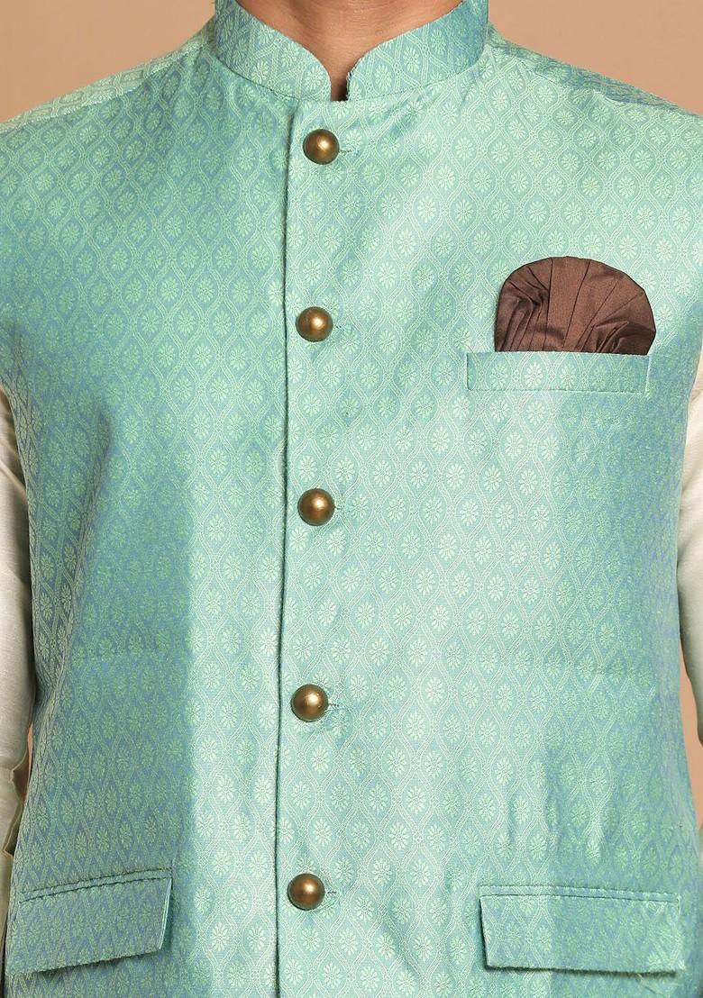 Cream Solid Poly Blend Kurta Set For Men