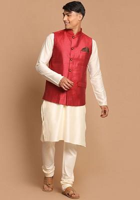 Cream Solid Poly Blend Kurta Set For Men