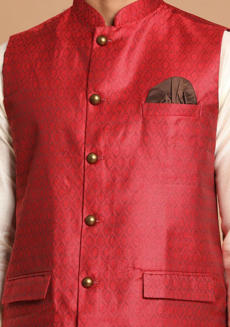 Cream Solid Poly Blend Kurta Set For Men