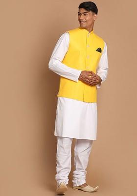White Embroidered Cotton Kurta Set For Men