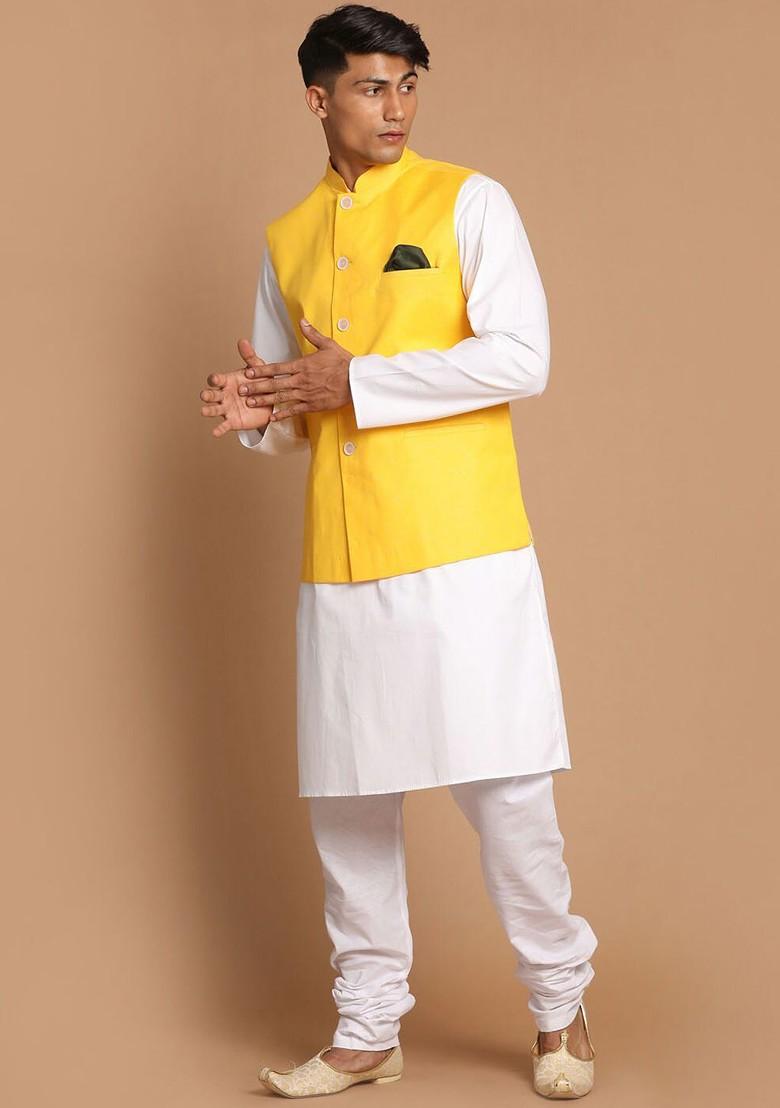 White Embroidered Cotton Kurta Set For Men