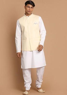 White Solid Cotton Kurta Set For Men