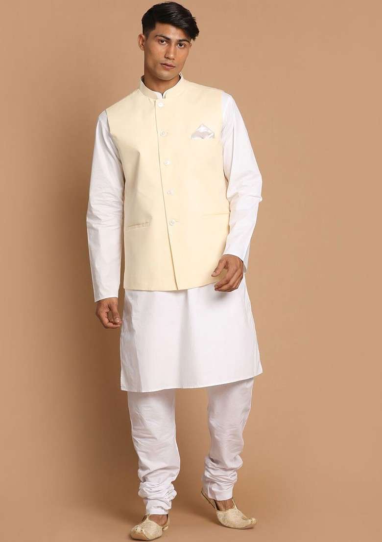 White Solid Cotton Kurta Set For Men - Indya