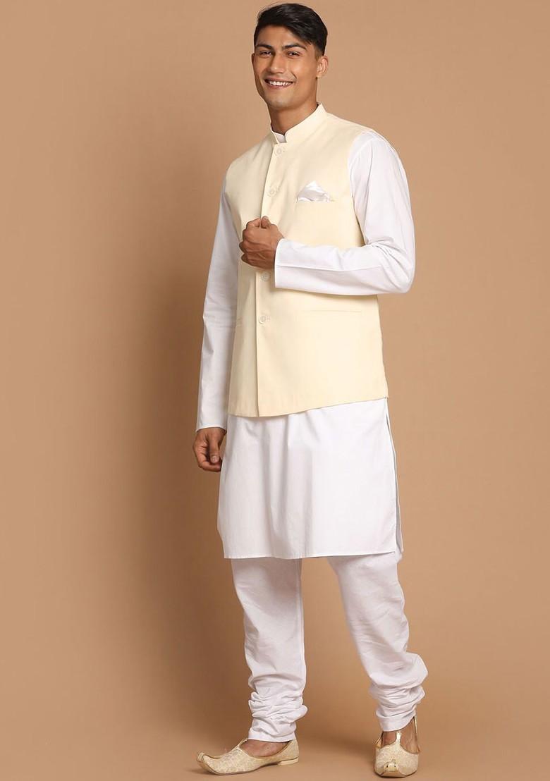 White Solid Cotton Kurta Set For Men