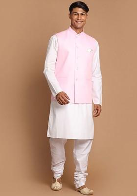 White Solid Cotton Kurta Set For Men