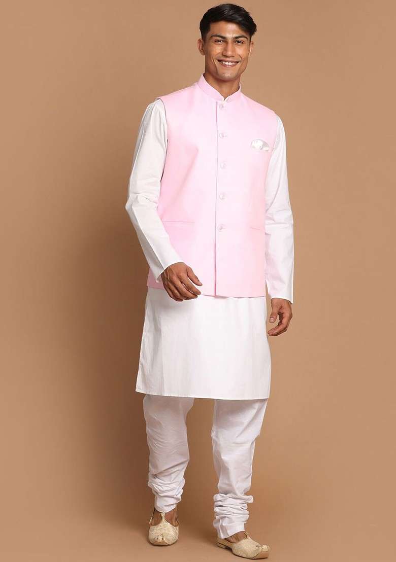 White Solid Cotton Kurta Set For Men - Indya