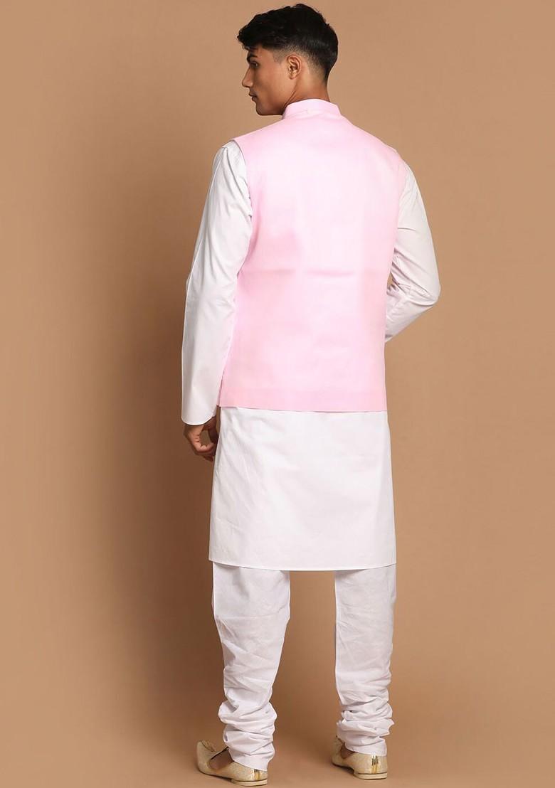 White Solid Cotton Kurta Set For Men