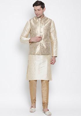 Gold Ethnic Motifs Poly Blend Kurta Set For Men