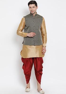 Rose Gold Solid Poly Blend Kurta Set For Men