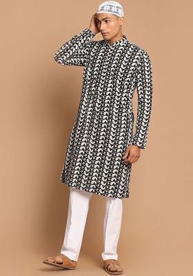 Black Embroidered Cotton Kurta Set For Men