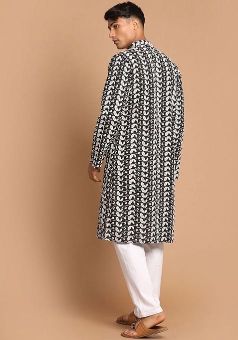 Black Embroidered Cotton Kurta Set For Men