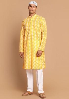 Orange Embroidered Cotton Kurta Set For Men