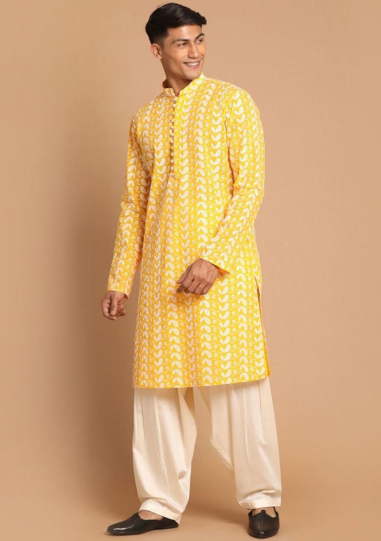 Orange Embroidered Cotton Kurta Set For Men