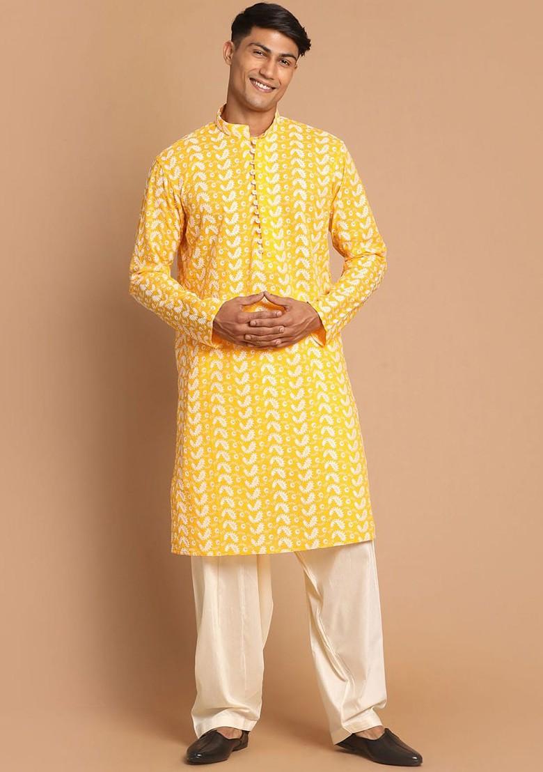 Orange Embroidered Cotton Kurta Set For Men