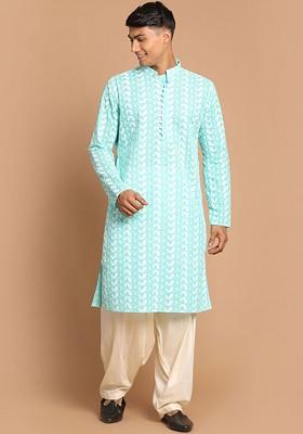 Sea Green Ethnic Motifs Cotton Kurta Set For Men