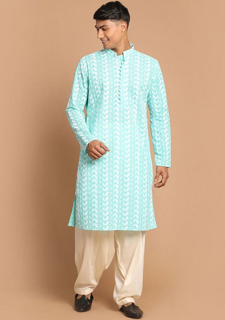Sea Green Ethnic Motifs Cotton Kurta Set For Men