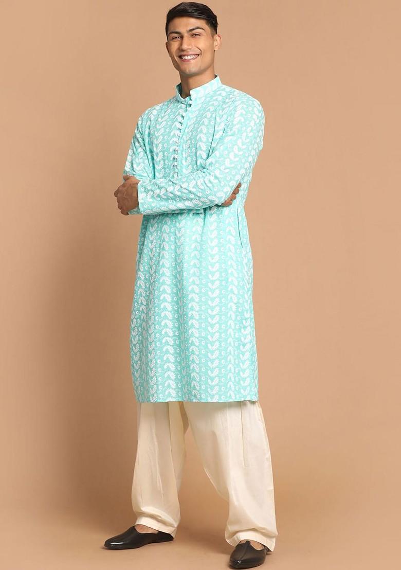 Sea Green Ethnic Motifs Cotton Kurta Set For Men