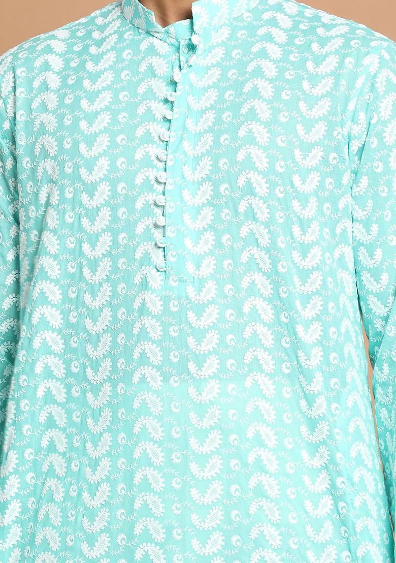 Sea Green Ethnic Motifs Cotton Kurta Set For Men