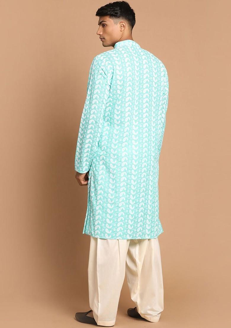 Sea Green Ethnic Motifs Cotton Kurta Set For Men
