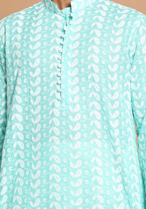 Sea Green Ethnic Motifs Cotton Kurta Set For Men