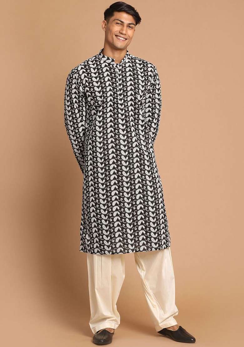 Black Embroidered Cotton Kurta Set For Men - Indya