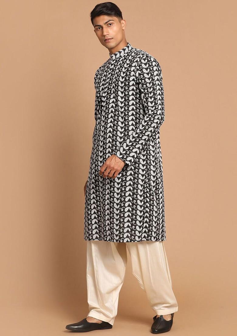 Black Embroidered Cotton Kurta Set For Men
