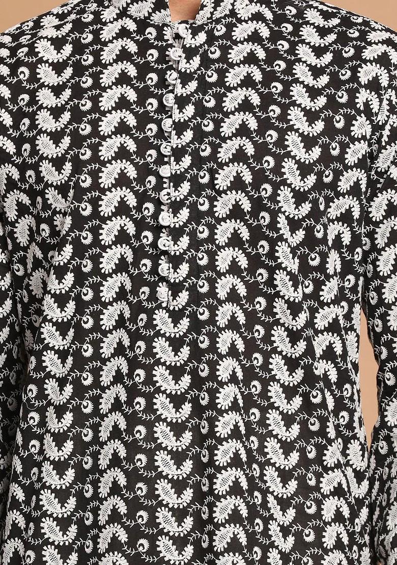 Black Embroidered Cotton Kurta Set For Men