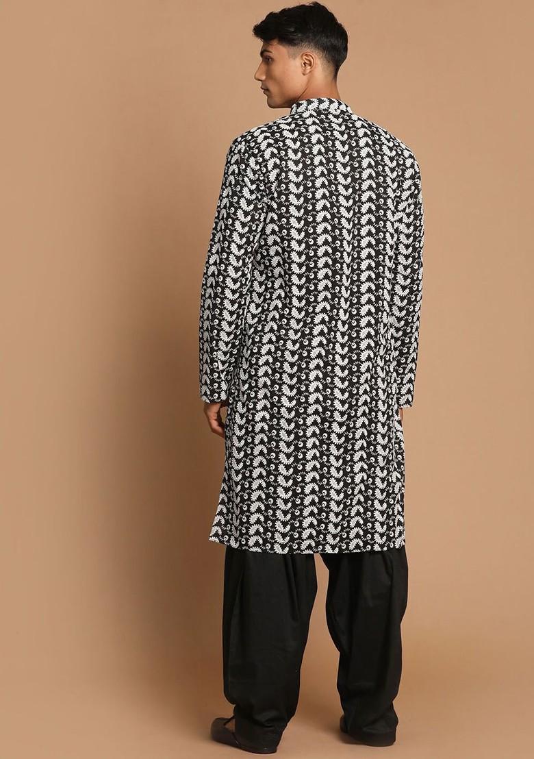 Black Floral Print Cotton Kurta Set For Men