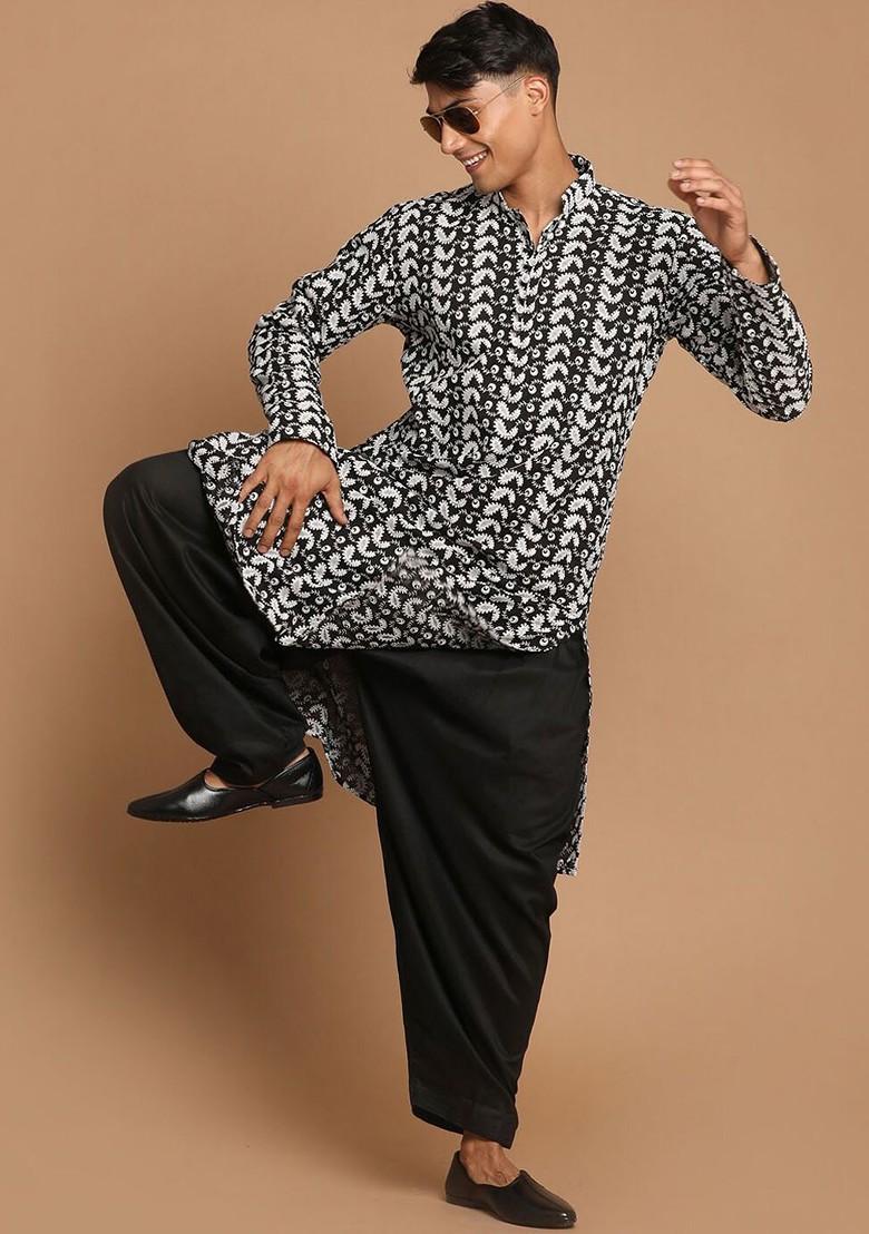 Black Floral Print Cotton Kurta Set For Men
