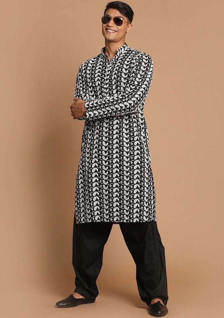 Black Floral Print Cotton Kurta Set For Men