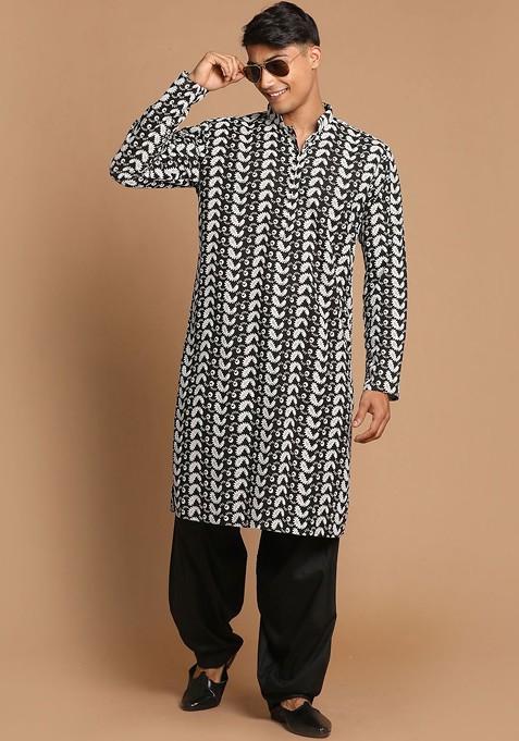 Black Floral Print Cotton Kurta Set For Men