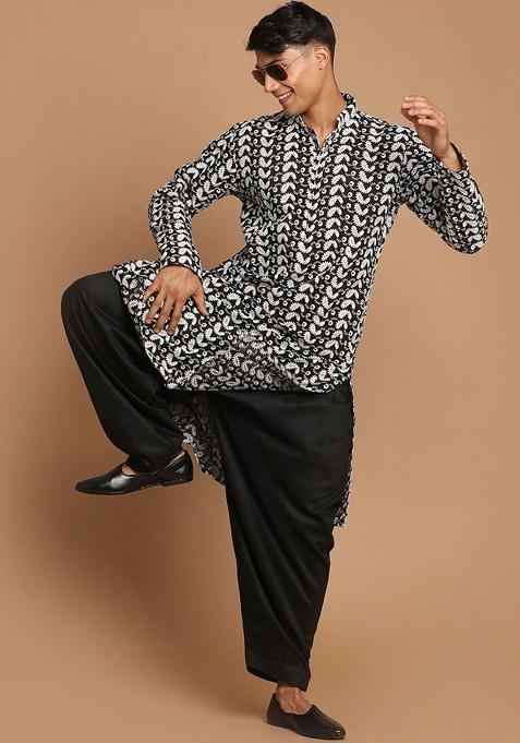 Black Floral Print Cotton Kurta Set For Men