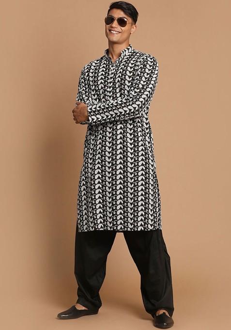 Black Floral Print Cotton Kurta Set For Men