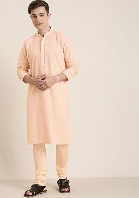 Pink Embroidered Georgette Kurta Set For Men