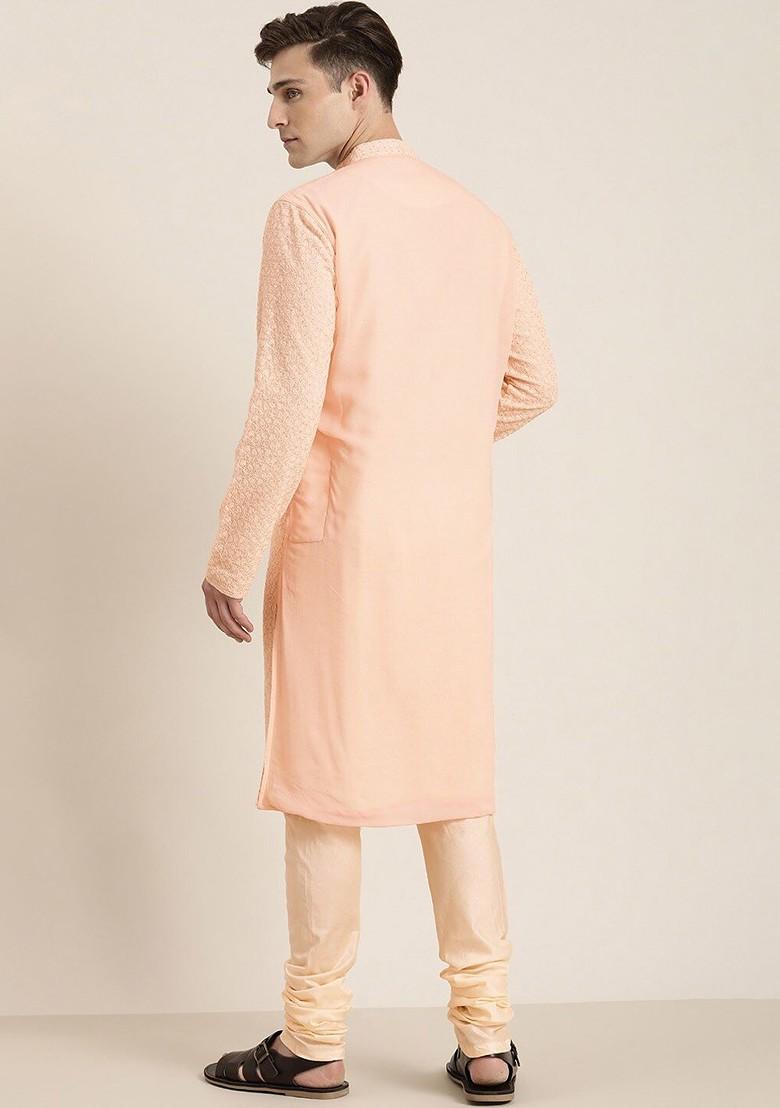 Pink Embroidered Georgette Kurta Set For Men