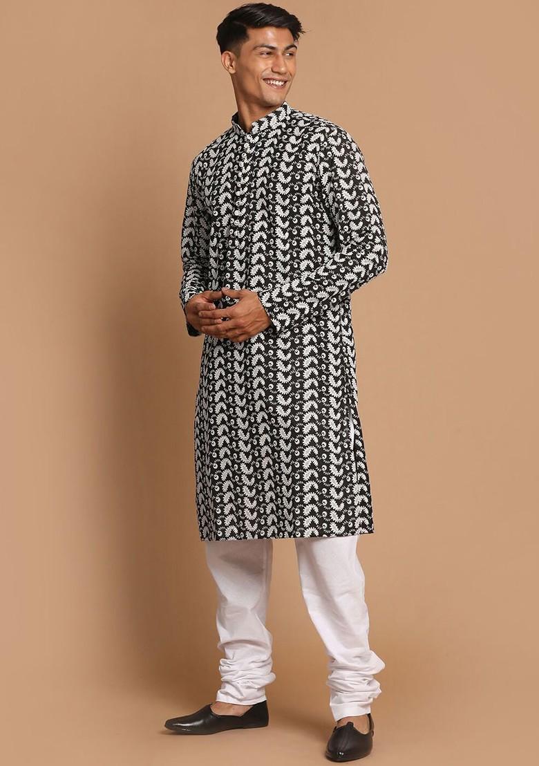 Black Floral Print Cotton Kurta Set For Men