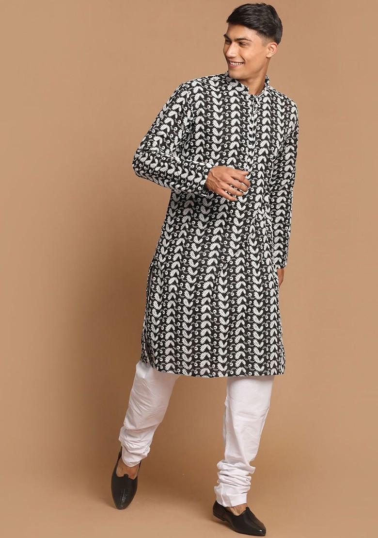 Black Floral Print Cotton Kurta Set For Men
